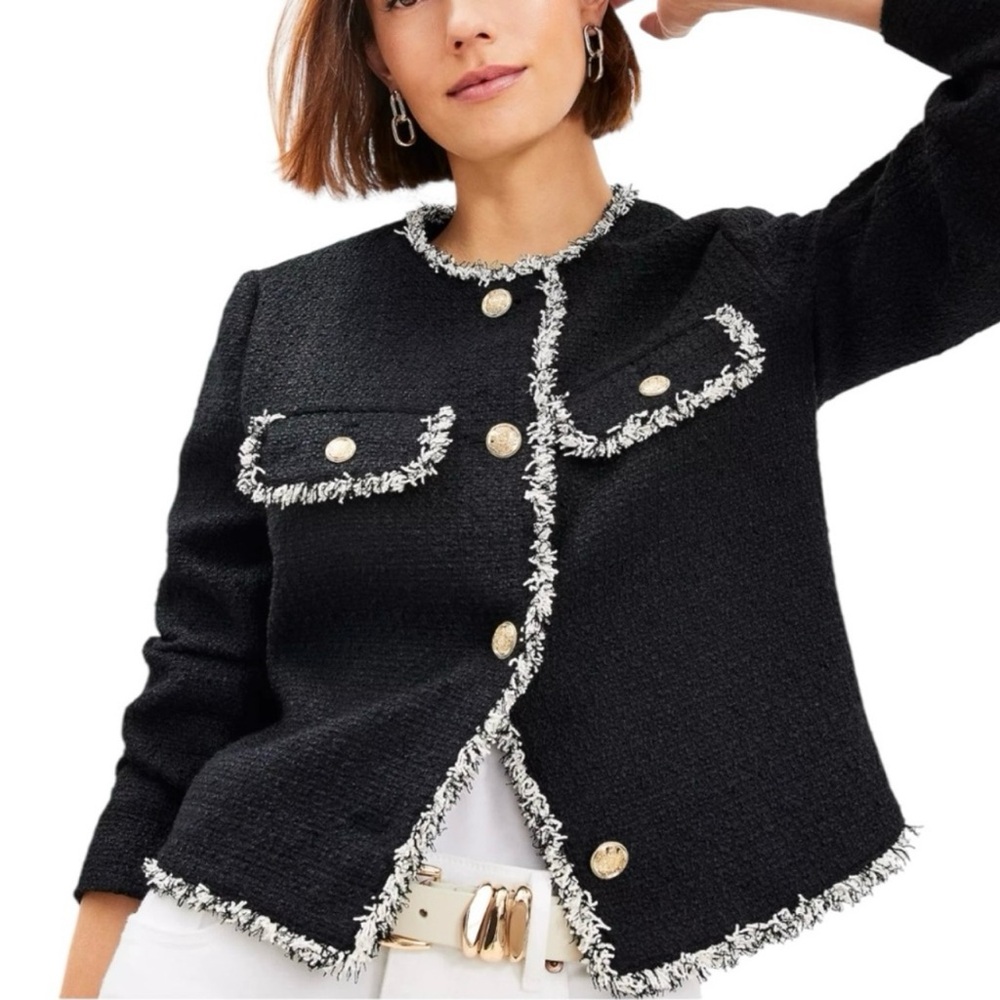 NWT Ann Taylor LOFT Tweed Black White Mixed Trim Collarless Cropped Suit Jacket